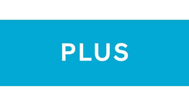 Un rectángulo azul con la palabra PLUS en él, símbolo